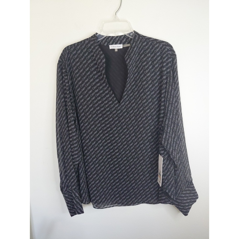 Calvin‎ Klein Top Sheer Logo Women's Lined Split Neck Black NEW Org $89 Sz 2XL